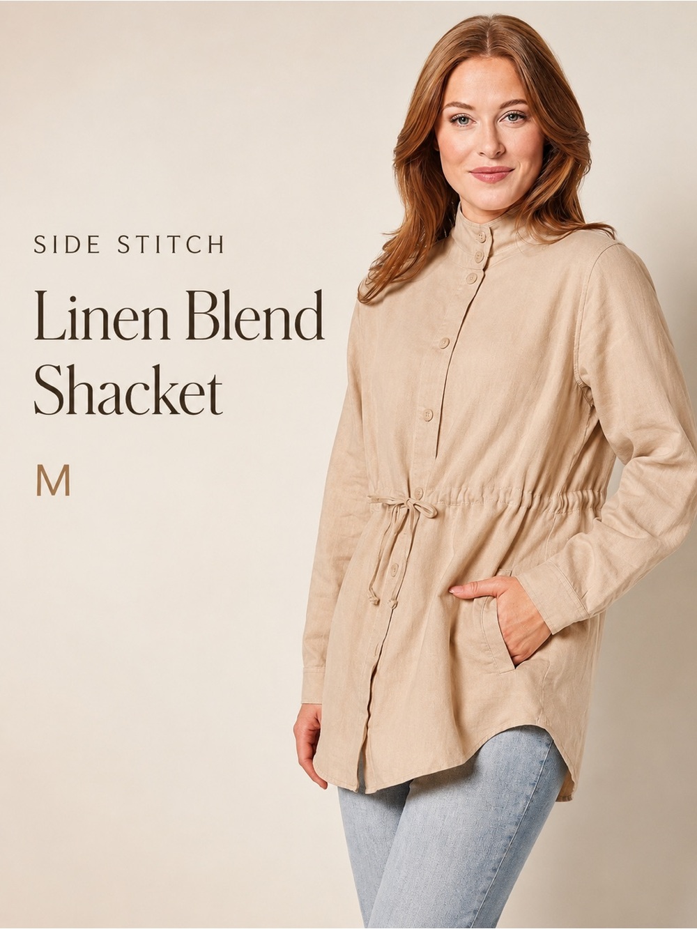 Side Stitch Linen Blend Drawstring Shirt Jacket Warm Sand Utility Shacket M